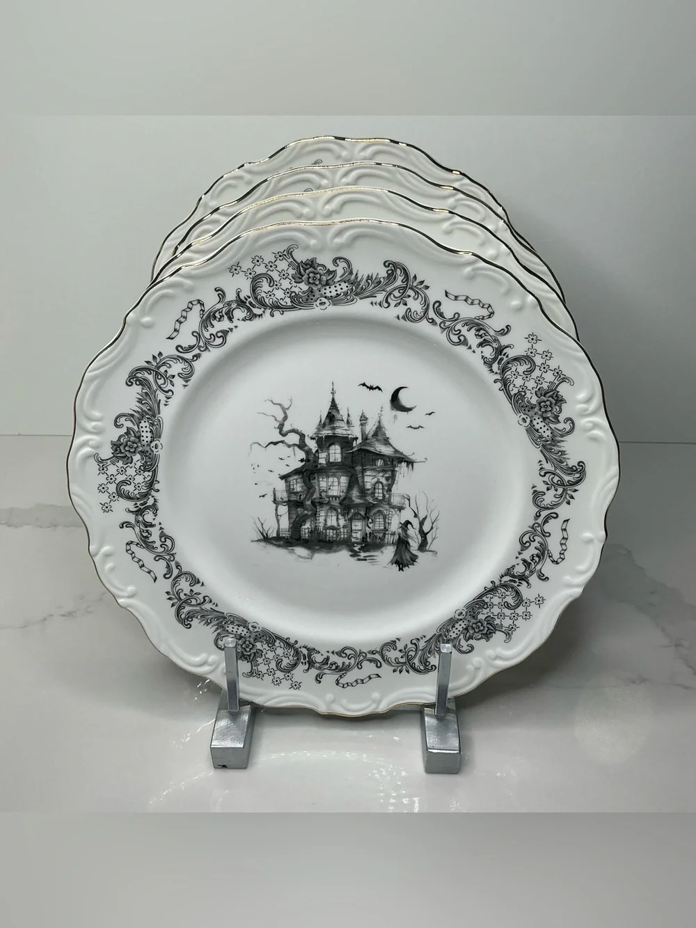 4 Grace Teaware Dinner Plates Halloween Haunted House 11in Porcelain Spooky NEW